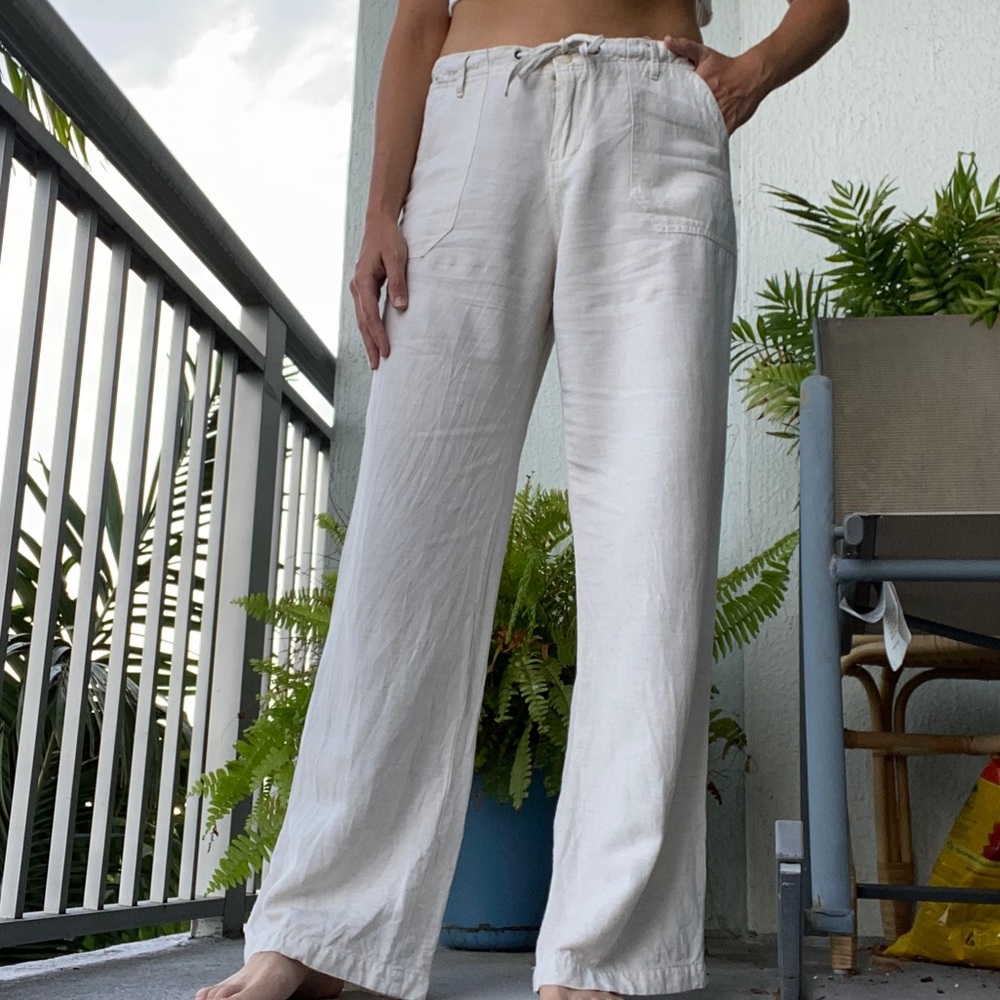 Cream Linen Wide Leg Pants L